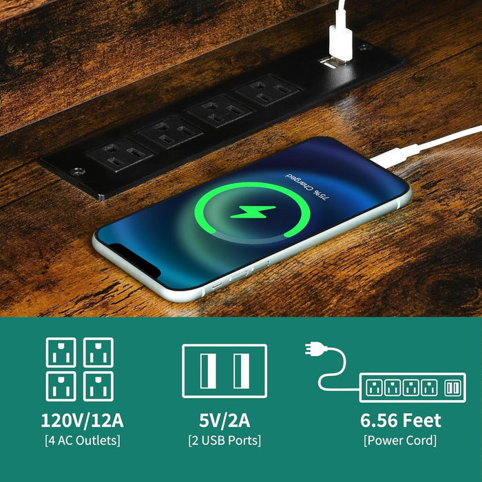 L Shaped Desk with Power Outlets & LED Lights, 60” Corner Computer Desk with Drawers & Lift Top, Home Office Desk with Monitor Stand & File Cabinet, Wood Height Adjustable Desk, Rustic Brown