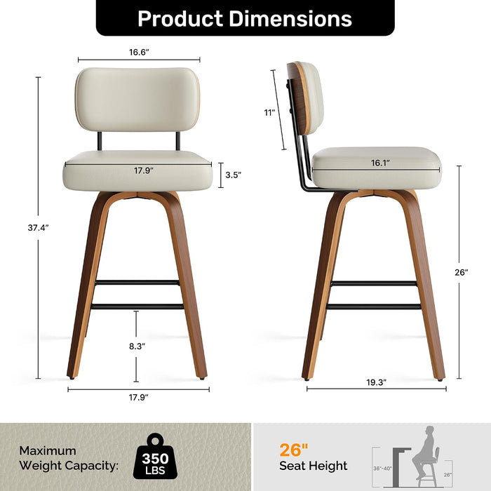 Swivel Bar Stools Set of 2, 26" Upholstered Modern Faux Leather Counter Height Barstools with Walnut Back & Bentwood Legs, Mid Century Bar Chairs Island Stools for Kitchen Counter, Beige Grey