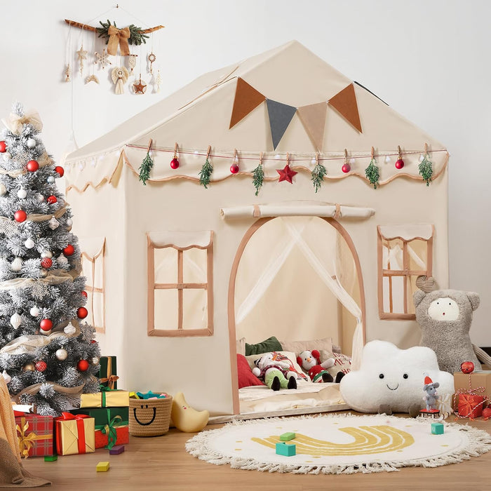 Kids Play Tent 2 in 1 with Padded Mat and Lights, Large Kids Playhouse with 2 Doors & 4 Windows, Indoor & Outdoor, Christmas Toddler Tent, 51" X35" X 51"