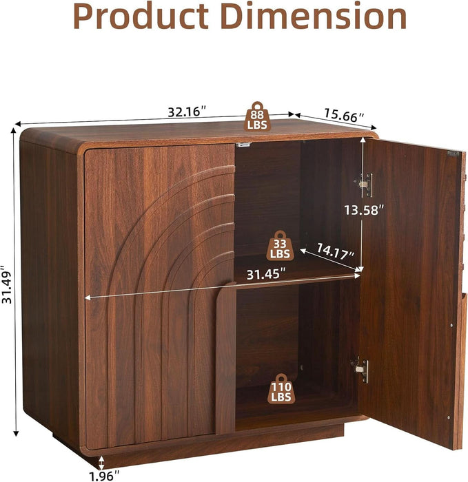 32" Sideboard Buffet Cabinet with Storage, Walnut Modern Cabinet with Arched Wood Door and Adjustable Shelf, Wooden Modular Kitchen Cabinet for Dining& Living Room, Entryway