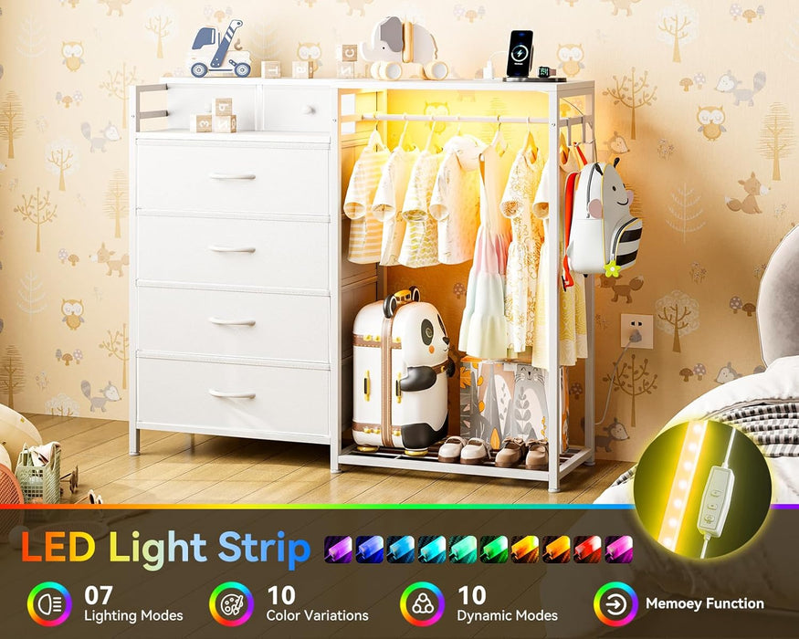 43" W White Dresser for Bedroom with Hanging Rack, Reversible 6 Drawers Dresser with Led Lights & Charging Station, Fabric Closet Dressers & Chest of Drawers with Clothes Rack for Girls, Kids