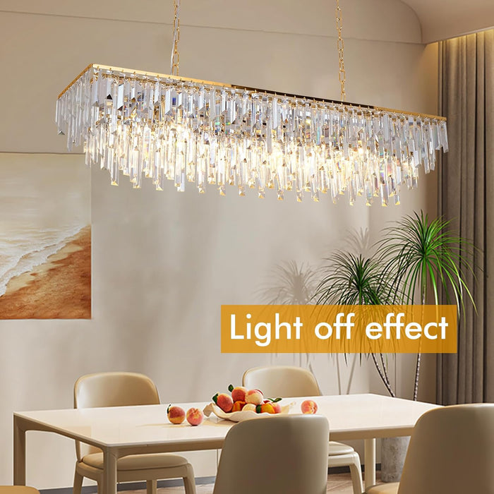 47" Modern Rectangle Crystal Chandelier, Gold Linear Pendant Light with Clear Crystal Prisms, Luxury Island Lighting Fixture for Dining Room Kitchen Table Living Room