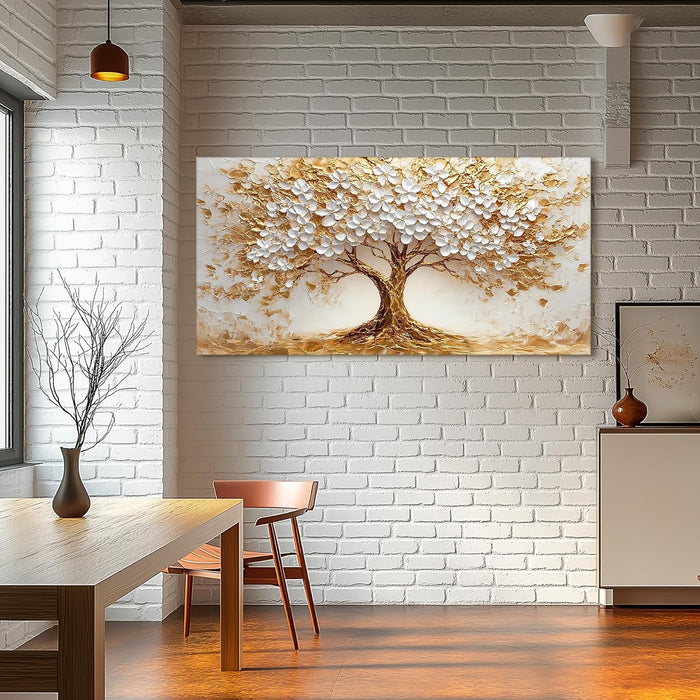 White Gold Tree of Life Wall Art, Blooming Flower Tree Extra Large Artwork, Abstract Landscape Canvas Art Prints, Modern Oversized Pictures Wall Decor Living Room Office Ready to Hang 29"X57"