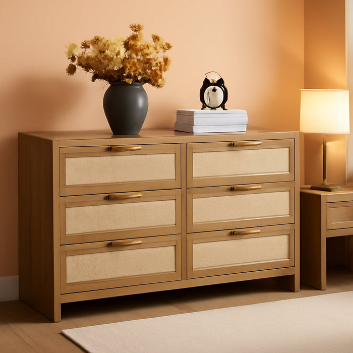 Rattan Dresser for Bedroom, 56.9" Wide 6 Drawer Dresser with Ample Storage, Dressers Large Chest of Drawers, Closet, Boho TV Stand for Bedroom (Reclaimed Caramel Oak, 1 Piece)