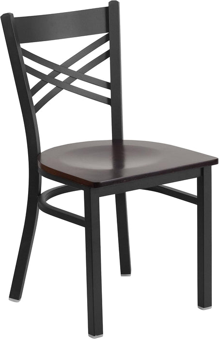 2 Pack HERCULES Series Black ''X'' Back Metal Restaurant Chair - Walnut Wood Seat