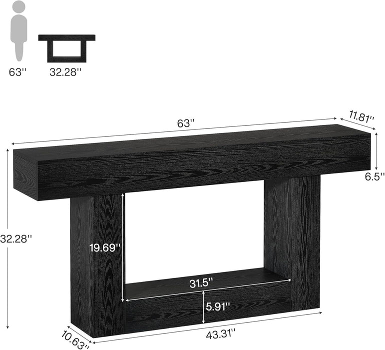 63" Console Table, Farmhouse 2-Tier Entryway Table with U-Shaped Base, Narrow Long Wood Sofa Table behind Couch Table for Living Room, Hallway, Foyer, Black