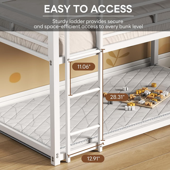 Bunk Bed, Triple Bunk Beds with 2 Ladders, Bunk Beds Twin over Twin over Twin, Metal Bed Frame with Guardrails for Bedroom, No Box Spring Needed, White