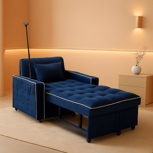 Blue Convertible Sleeper Chair With Integrated Cupholder