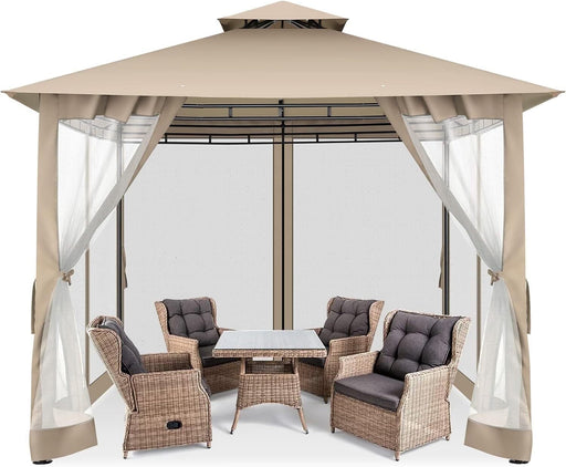 10'X10' Outdoor Gazebo Canopy, Canopy Tent with Mosquito Netting,Screened Gazebo with Corner Shelf Stable Steel Frame Double Roof Tops, Shade Tent for Party, Backyard, Patio Lawn, Garden,Khaki