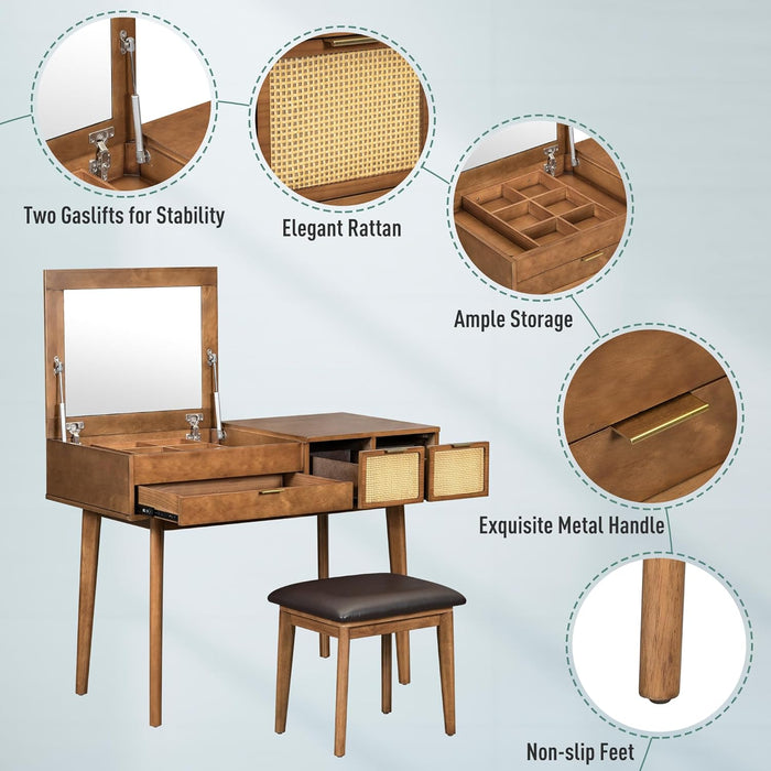 43.3" Classic Wood Makeup Vanity Desk Set with Flip-Top Mirror, Dressing Table with 3 Storage Drawers and Cushioned Stool, Brown