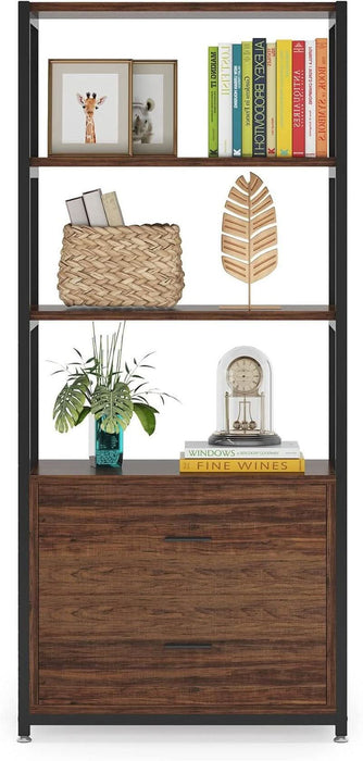 Bookcase, 4-Tier Rustic Bookshelf with 2 Drawers, Etagere Standard Book Shelves Display Shelf for Home Office