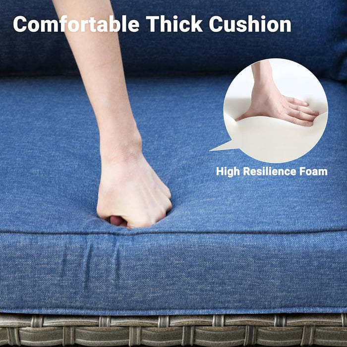 Patio Furniture Set, 5 Pieces Outdoor Wicker Rattan Sofa Couch with Chairs, Ottomans and Comfy Cushions, All Weather High Back Conversation Set Garden Backyard, Denim Blue