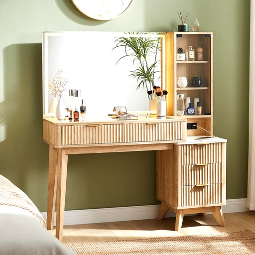 48" Modern Fluted Makeup Vanity Desk with Large 36" Mirror & Lights, with 5 Drawers & Adjustable Shelves, Oak 2025 NEW