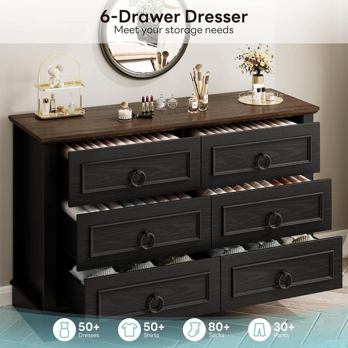 Farmhouse 6 Drawers Dresser for Bedroom, 47.2" W Modern Dresser with round Metal Handle, Thickened Desktop, Wood Rustic Chest of Drawers for Bedroom, Hallway, Entryway, Black