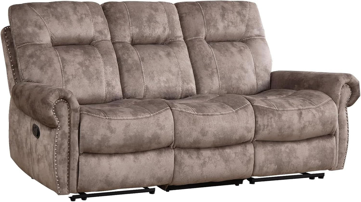 Manual Recliner 3 Seat Sofa Couch, Soft Fabric 3 Seater Reclining Couch Chair, Vintage Rivet Mid-Century Design Furniture for Living Room, Meeting Room, Brown