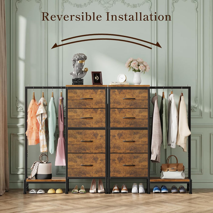 Tall Dresser 44''H with Hanging Rack, 4 Drawers Small Closet Dresser for Bedroom, Reversible Fabric Chest of Drawers with Clothes Rack, Tall Storage Tower, Sturdy Frame, Rustic Brown