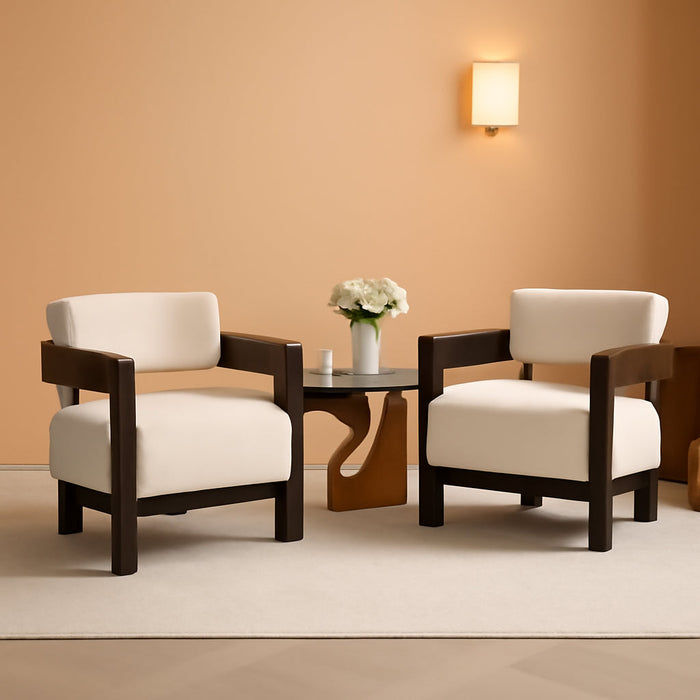 Barrel Accent Chairs Set of 2 Modern Comfy Living Room Chairs with Wooden Legs Mid Century Upholstered Lounge Reading Armchairs for Bedroom/Indoor Reading Nook/Corner/Office, White