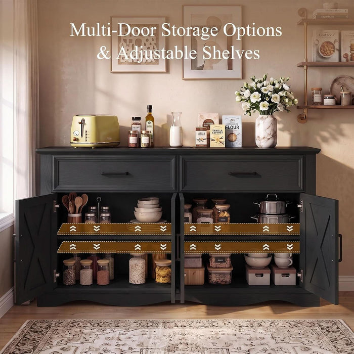 56" Farmhouse Black Buffet Cabinet with Charging Station