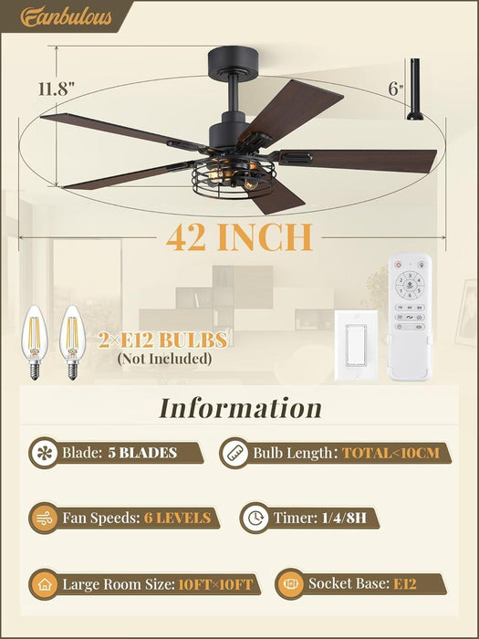 2 Pack Farmhouse 42 Inch Ceiling Fans with Lights, Black Industrial Caged Ceiling Fans for Bedroom Living Room, Double-Sided 5 Blades Rustic Ceiling Fan