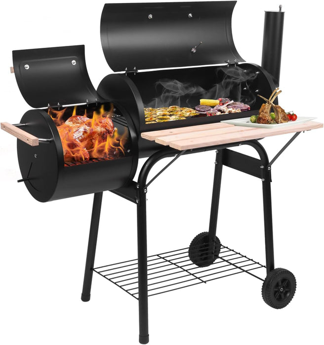 Large Charcoal Grill with Offset Smoker and Wood-Painted Side Table, Outdoor Smoker Grill with 811 Sq. In. Cooking Area for Outdoor Patio Barbecue Camping Parties Event, Black