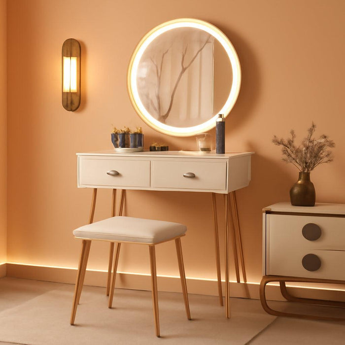 Makeup Vanity Table with Lighted Mirror, Vanity Desk with 2 Large Drawers, Adjustable 3 Lighting Modes, Modern Girls Bedroom Vanity Table with Chair for Small Spaces, White & Gold