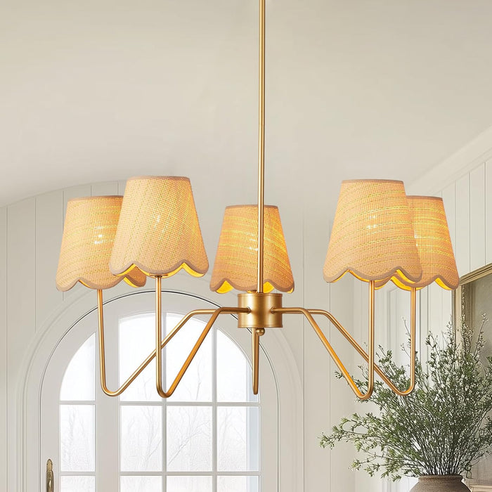 28" Rattan Chandelier, Large Modern Pendant Light Fixtures with Flower Shades Antique Brass Brush Paint Finish for Dining Room, Kitchen Island, Foyer, Living Room 5-Light