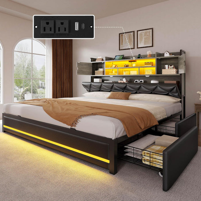 Queen Size Bed Frame with RGB LED Lights & Storage Bookcase Headboard, Upholstered Bed with Charging Station and 4 Drawers, No Box Spring Needed, Easy Assembly, Noise-Free, PU Leather Black