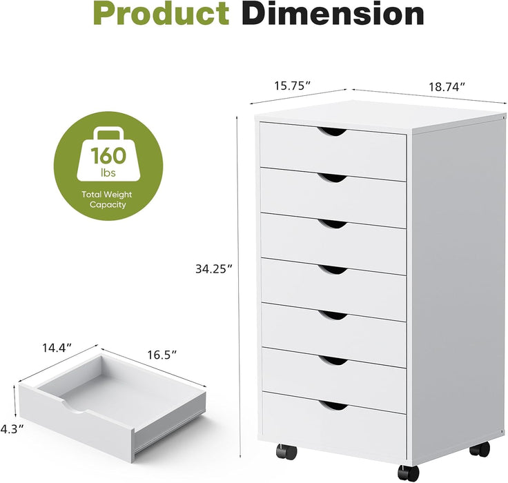 7 Drawer Rolling Storage Cabinet, Wood under Desk Mobile Dresser with Wheels, Small Organizer Chest for Home Office, Bedroom, Rolling Vertical Organizer for Home Office, White