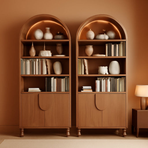 2 Pack 71" Tall Arched Bookshelf with Storage Cabinet, Modern Wood Display Bookcase with Arched Top, 3 Adjustable Open Shelves, 2 Doors Cabinet, for Living Room, Bedroom, Walnut
