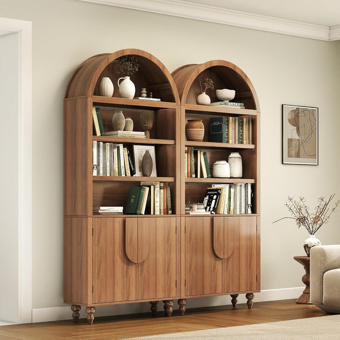 2 Pack 71" Tall Arched Bookshelf with Storage Cabinet, Modern Wood Display Bookcase with Arched Top, 3 Adjustable Open Shelves, 2 Doors Cabinet, for Living Room, Bedroom, Walnut