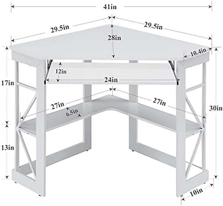 Corner Desk Computer Desk Writing Table with Smooth Keyboard Tray & Storage Shelves,Compact Home Office Triangle Table,White