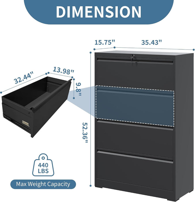 4 Drawer File Cabinets with Lock,Metal Lateral File Cabinets for Home Office,Steel Wide Filing Organization Storage Cabinets for Hanging Files Letter/Legal/F4/A4 Size Assembly Required(Black)
