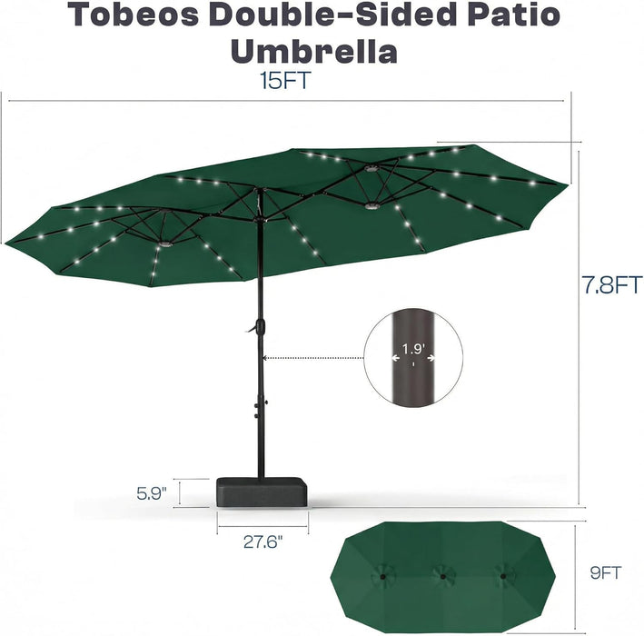 15Ft Large Patio Umbrella with Solar Lights and Base, Double-Sided Outdoor Rectangle Umbrella with 48 LED Lights, Market Table Umbrellas with UV Resistant Canopy