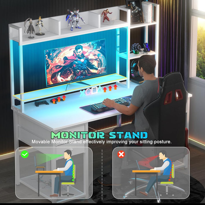 Desk with LED and Outlets, Gaming Desk with Hutch, 47.2'' Computer Desk with Drawers, Reversible Office Desk with Storage Bookshelf Large Workstation Desk with Shelf, Desk for Home, White