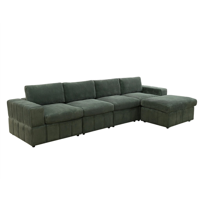 Sectional Sofa, 132" Oversized 4 Seater Couch with Ottoman for Living Room, Corduroy, Green