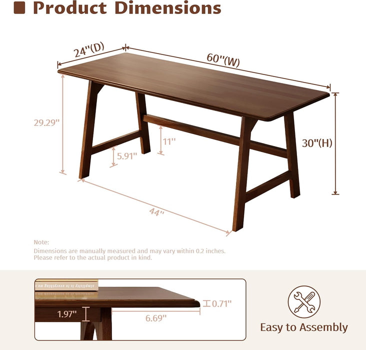 Solid Wood Writing Table - 60" W Minimalist PC Computer Desk, Walnut