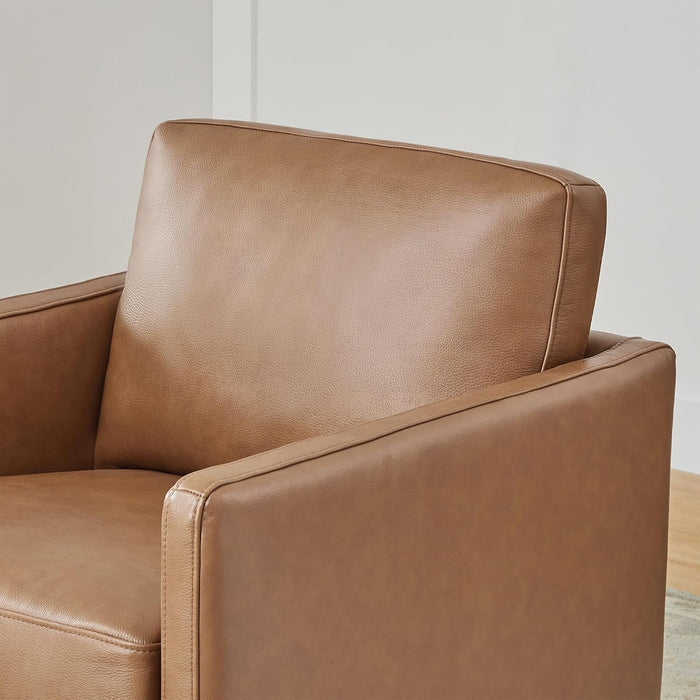 Genuine Leather Swivel Accent Chair, FSC Certified Mid Century Modern Arm Chair for Living Room and Bedroom, Fully Assembled, Saddle