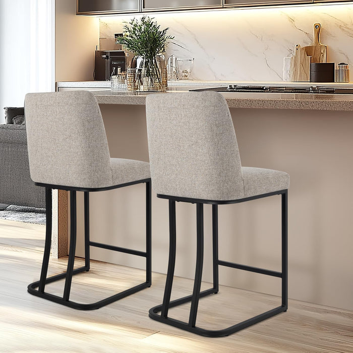 Counter Height Bar Stools Set of 2, 24 Inch Seat Height Bar Chairs for Kitchen Island, Linen Fabric Upholstered Barstools with Metal Feet for Dining Room, Sand Color