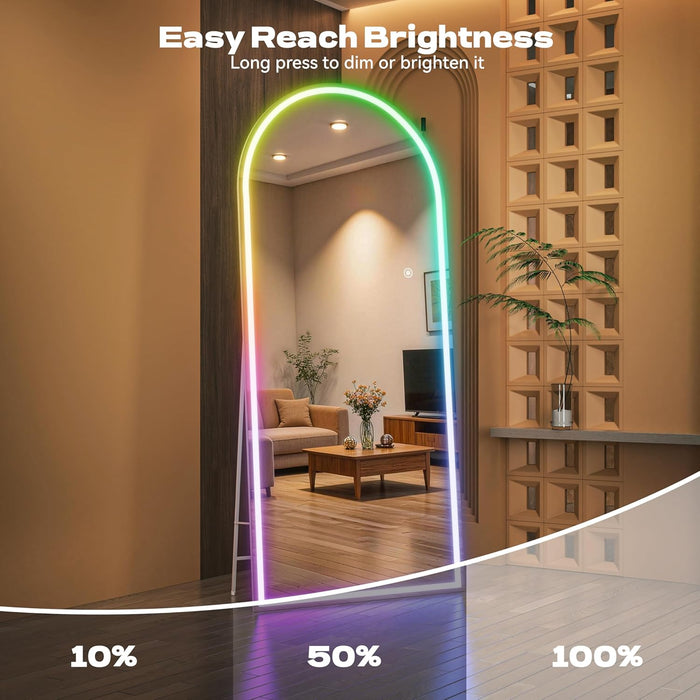 Arch Full Length Mirror 55.5 X 15.7 in with Stand — Arch LED RGB Full Body Mirror, 7 Lighting Modes, Dimmable Touch Controls, Adjustable Tilt, White Frame for Bedroom Dressing Room