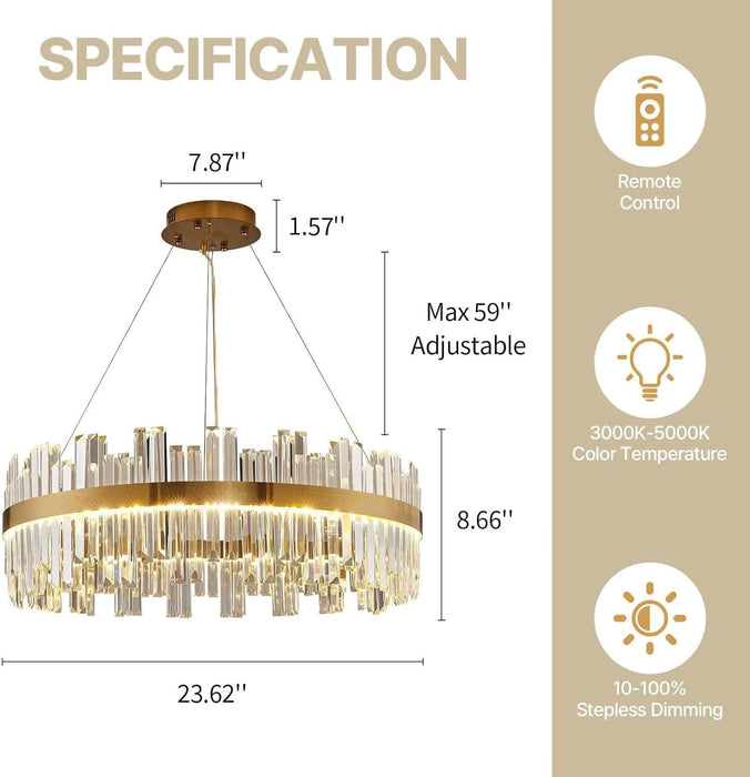 23.6''Gold Modern LED Crystal Chandelier- Contemporary Chandelier Light Fixture,Luxury Adjustable Height Chandeliers,3 Colors Dimmable Pendant Ceiling Light for Dining Room Foyer with Remote Control