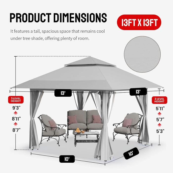 13X13 Pop up Gazebo, Canopy Tent, Gazebos on Clearance - Outdoor Gazebo for Backyard & Patio Furniture - Carpa Pop up Tent with Wheeled Sto-N-Go Cover Bag (Grey)