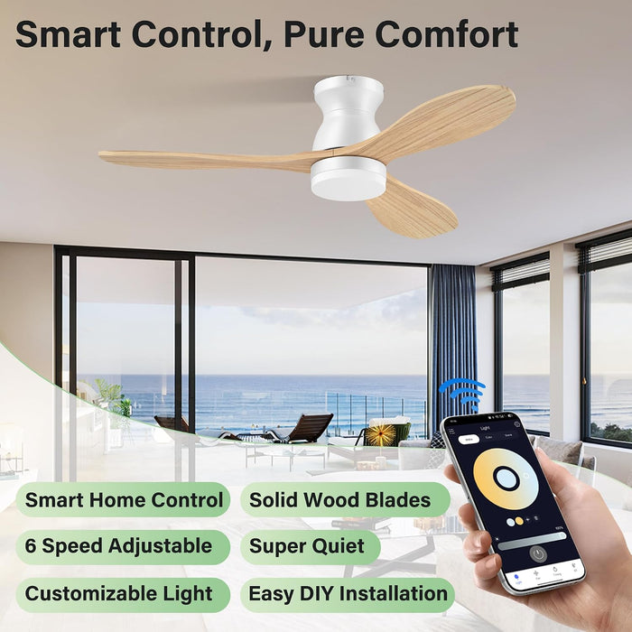 42In Wood Flush Mount Ceiling Fans with Lights Remote,Smart,Low Profile | Alexa/App Control,Easy Install,Quiet,Light Wood White,Hugger LED Ceiling Fan for Outdoor Indoor Porch Kitchen Bedroom,3 Blade