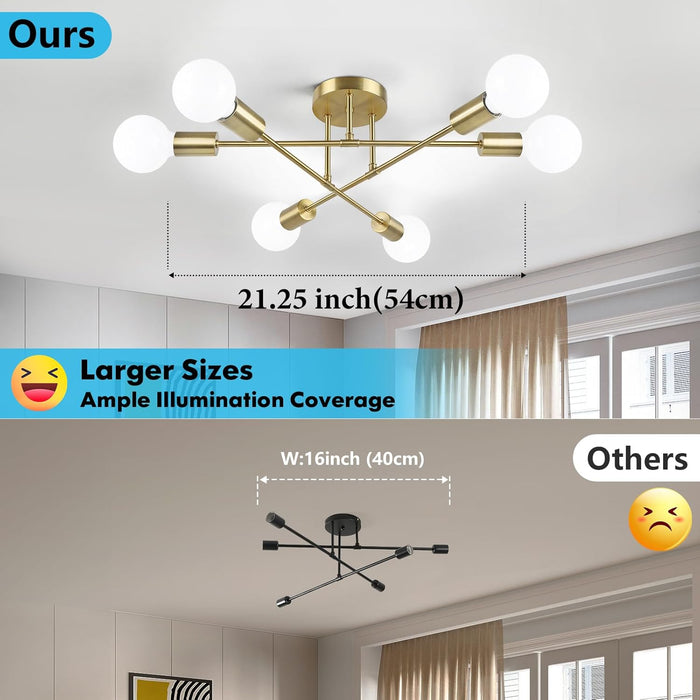 Modern Sputnik Chandelier 6-Light Industrial Ceiling Lights Fixture Gold Semi Flush Mount Ceiling Light Fixture with E26 Base Sputnik Lights Fixture for Dining Room Bedroom Foyer Hallway Living Room