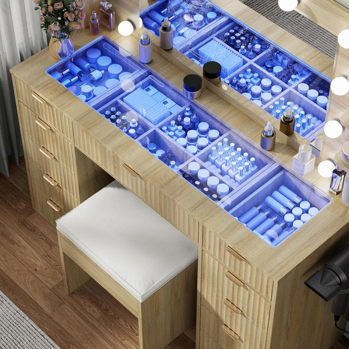 Vanity Desk with Glass Top and 11 LED Bulbs,Makeup Table with Large Mirror & Power Outlet,Hair Dryer Holder,Dressing Table with 11 Drawers & Cushioned Stool for Women and Girls,Bedroom (Natural Oak)