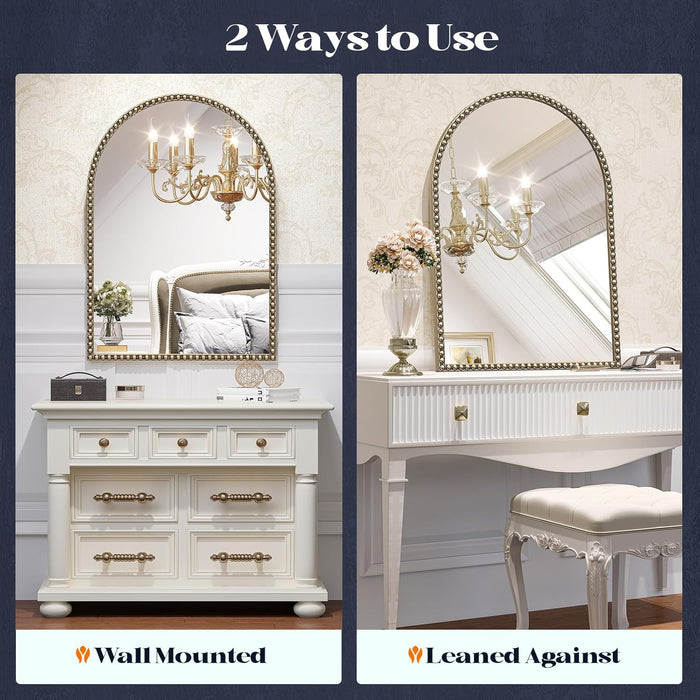 Arched Beaded Mirror, 24"X36" Champagne Bronze Mirror for Bathroom