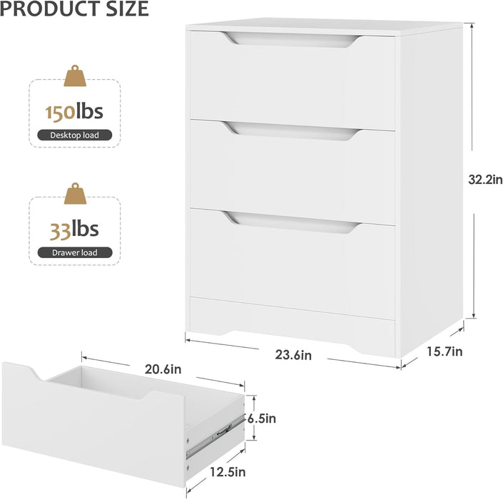Modern 3 Drawer Dresser, Wood Chest of Drawers with Storage, Tall Nightstand with Cut-Out Handles, Side End Table, Accent Storage Cabinet for Living Room, Entryway, White