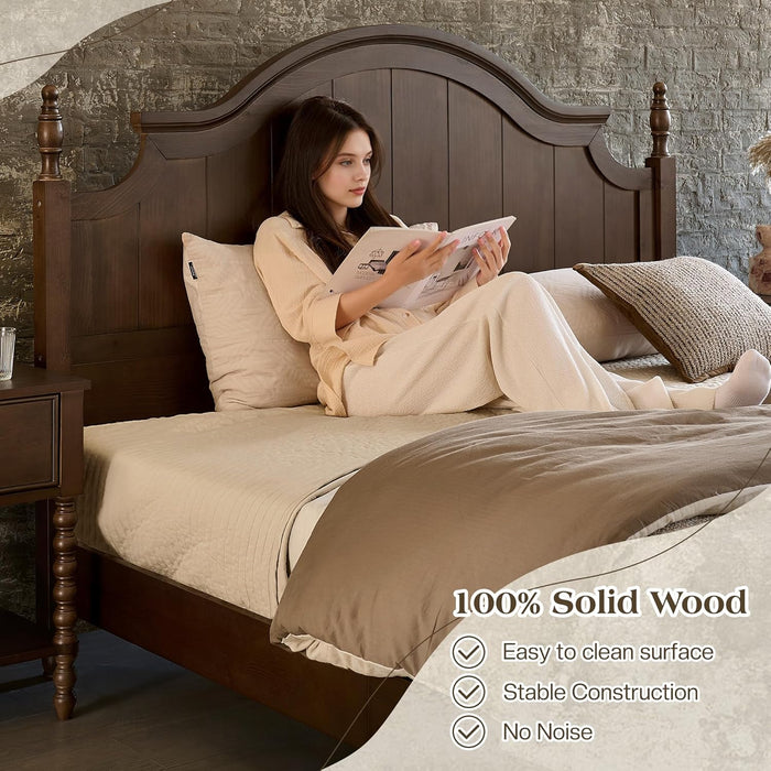 California King Solid Wood Bed Frame with 55" Arched Headboard, Traditional Poster Bed with 12 Wooden Slat Base, No Box Spring Needed/Noise Free& Non Slip/Easy Assembly, Dark Walnut