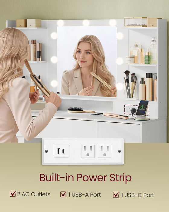 VASAGLE KAILYN Collection - Vanity Desk with Mirror and 9 LED Bulbs, Modern Vanity Makeup Table with Power Outlets, Dressing Table with 2 Cabinets, for Bedroom, Cloud White URDT142WB01S