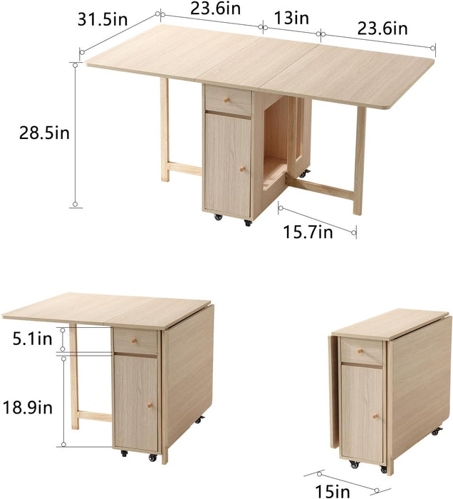 Drop Leaf Folding Dining Table with Storage, Wheels, Space Saving | Foldable Design, 18Mm Thick Plywood, 300 Lbs Capacity, Locking Wheels, Farmhouse Style, for Living Room Kitchen Small Spaces