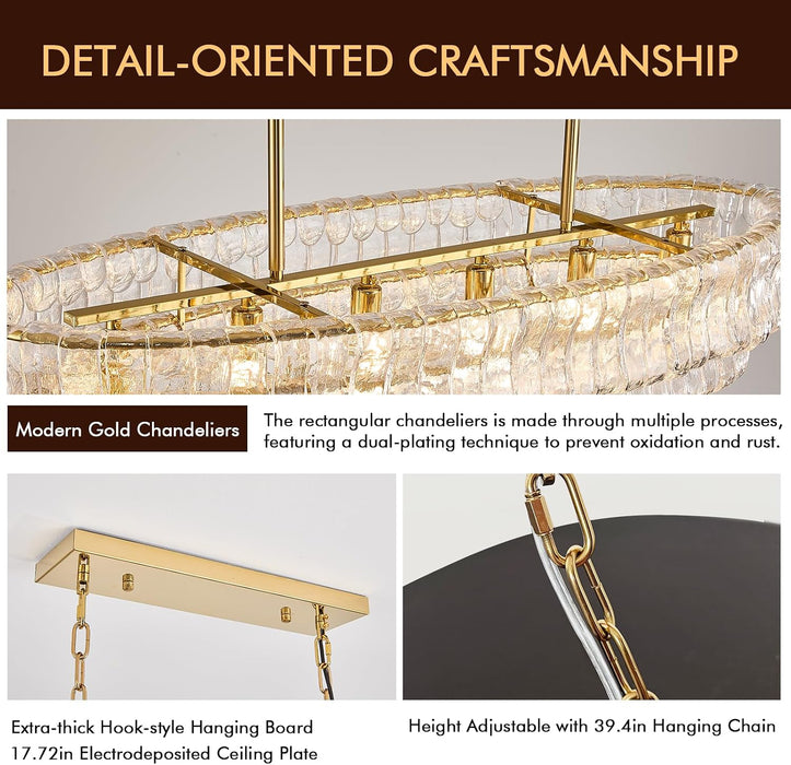 39In Large Chandelier Gold, Modern Dining Room Light Fixtures, 3 Layer Luxury Glass Chandelier 6 Light Rectangular Chandeliers for Dining Room Kitchen Island Living Room (Clear Glass)